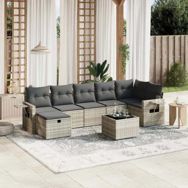 vidaXL 8-delige Loungeset met kussens poly rattan lichtgrijs grijs, foto 2