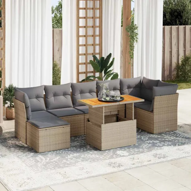 vidaXL 8-delige Loungeset met kussens poly rattan beige, foto 2