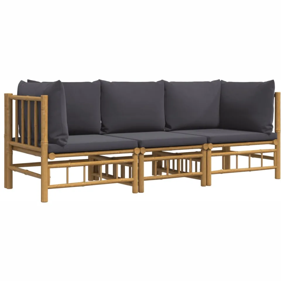 vidaXL 3-delige Loungeset met kussens bamboe donkergrijs Bruin