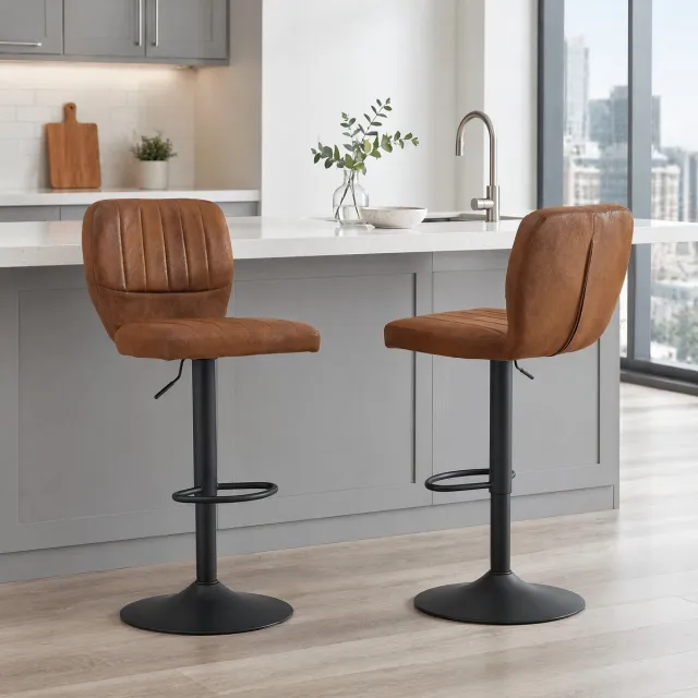 DESMIU Barkruk 52 x 45 x 93-114 cm - In Hoogte Verstelbaar En 360 Graden Draaibaar Met Rugleuning En Voetsteun - Voor Keuken En Bar - Kunstleer En Metaal - Zwart Bruin