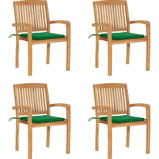 vidaXL Tuinstoelen stapelbaar 4 st met kussens massief teakhout Groen