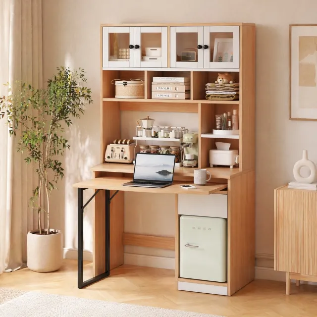 REDOM Bureau Met Kast 180 cm – Computertafel En Schrijftafel Met Opbergruimte En Lades – Draaibaar Werkblad – Thuiswerk Bureau Voor Kantoor En Studeerkamer – MDF Wit/Naturel – Moderne Kast Natuurlijk+Wit