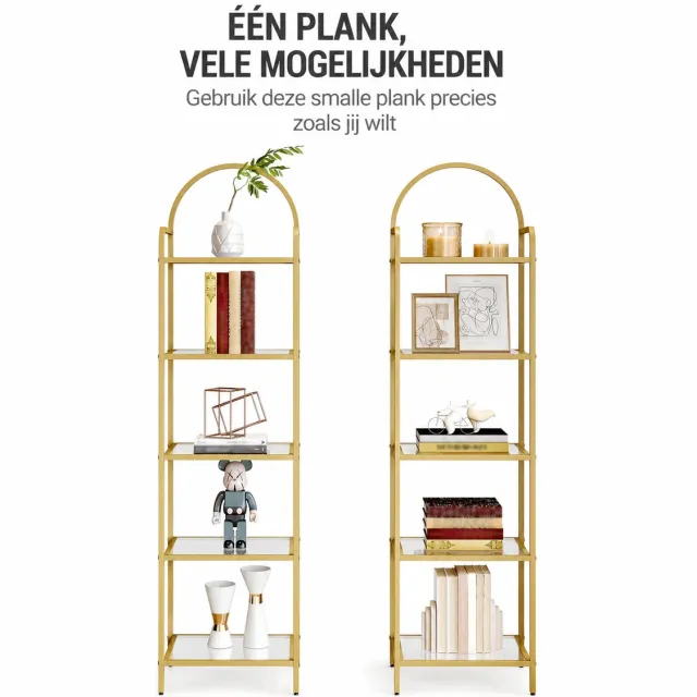 Seth Select Boekenkast - met Glazen Planken – Smalle Boekenkast - Boekenplank van Gehard Glas – Gouden Stalen Frame - 5 niveaus