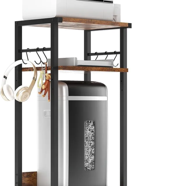 Trankielo Hoogwaardige Mobiele Printer Tafel – Verstelbare en Verrijdbare Office Organizer – 3 Planken, 6 Haken – Rustiek Bruin Zwart bruin
