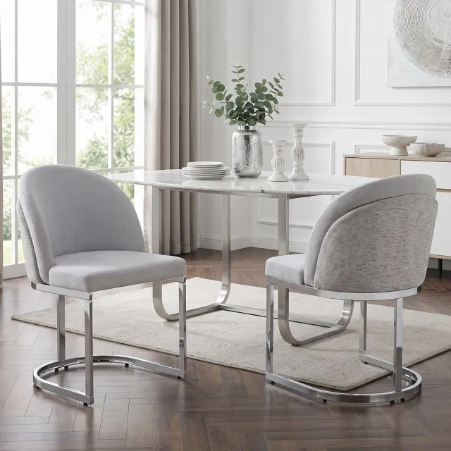 Clruro Eetkamerstoelen - 2 Stuks - Dubbele Rug met Zilveren Poten - Chenille - Lichtgrijs/Zilver