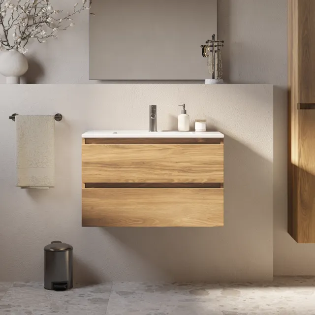 Brauer Core Meubelset 80 cm Met 2 Softclose Lades Greeploos Met Wastafel Honey Licht Bruin