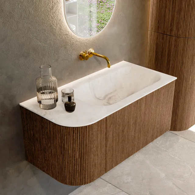 Mondiaz KURVE-DLUX 95 cm Onderkast Greeploos 1 Lade Met Deuren Walnut, Wastafel Solid Surface Rechts Frappe 0 Kraangaten Zonder Spiegel (KRVBGS95L1L1D0KR-Wal/Fra)