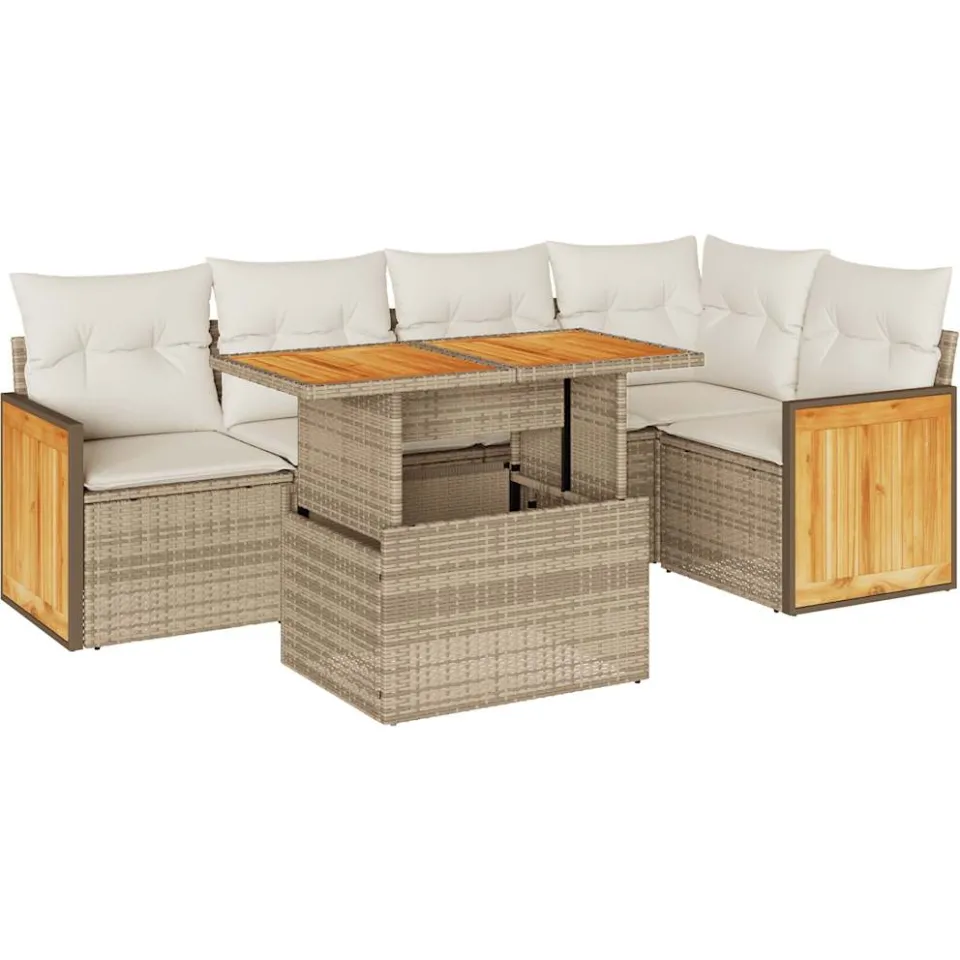 vidaXL 6-delige Loungeset met kussens poly rattan acacia beige, foto 3