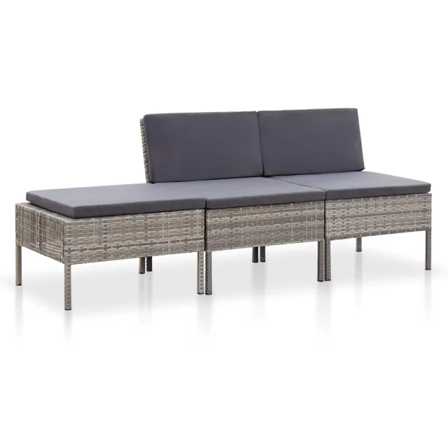 vidaXL 3-delige Loungeset met kussens poly rattan grijs