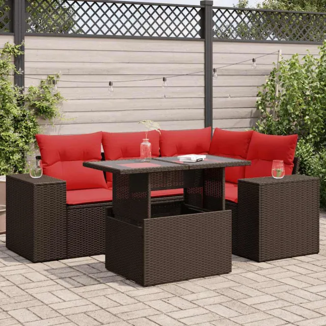 vidaXL 5-delige Loungeset met kussens poly rattan acacia bruin, foto 2