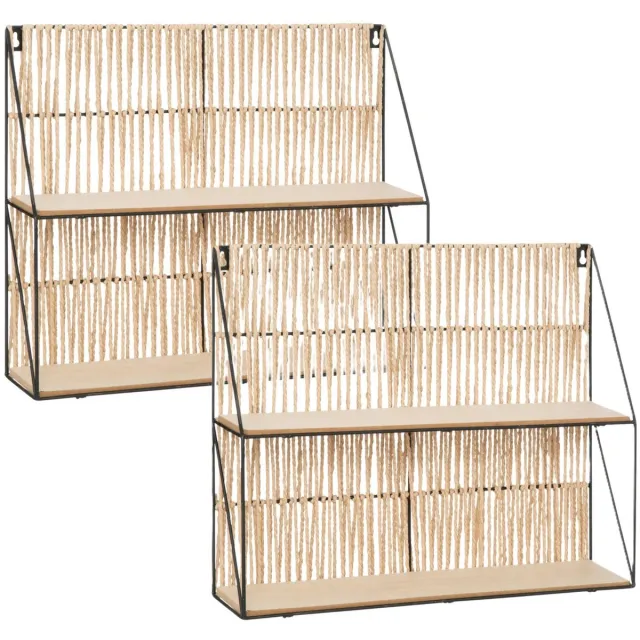 Atmosphera Wandplankje Tatra 2 laags - 2x - zwart/beige - metaal/hout/papier - 48 x 12 x 40 cm - muur planken