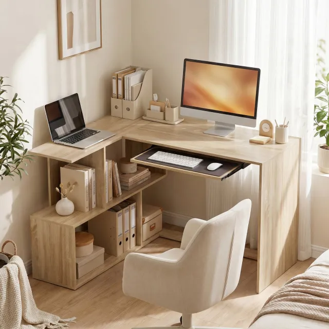 MUVANO L-vormig hoekbureau - Uitschuifbare toetsenbordlade - Vier open opbergvakken - 120 x 100 x 76 cm - Voor thuiswerken en studeren - Naturel houtlook