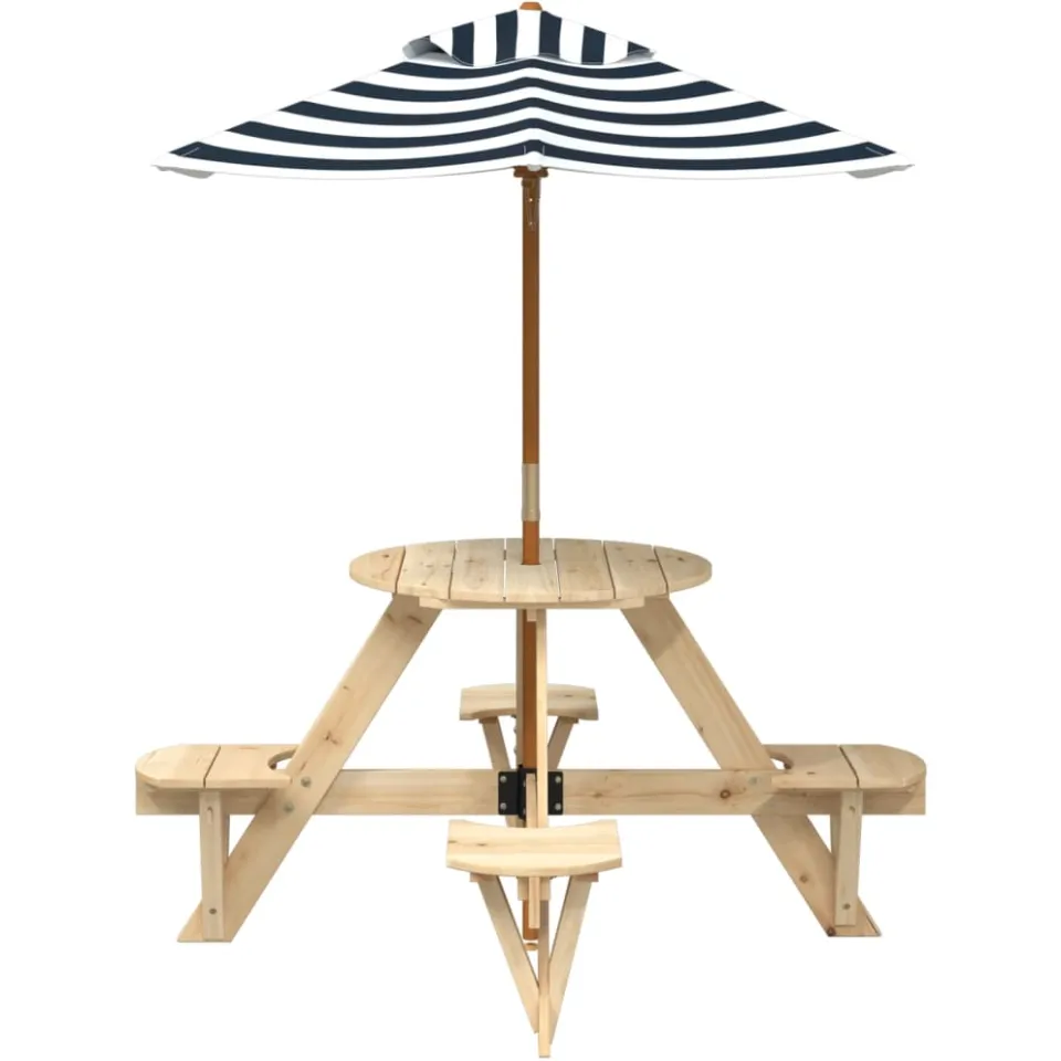 vidaXL Picknicktafel voor 4 kinderen met parasol rond vurenhout Bruin