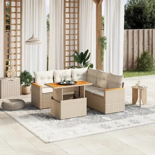 vidaXL 6-delige Loungeset met kussens poly rattan beige, foto 2