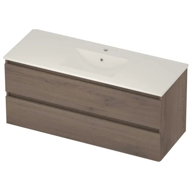Basic-Line Coach 46 Badmeubelset Porselein 1 Kraangat Greeploos 120x46x54 cm Dusk Oak Glans Wit