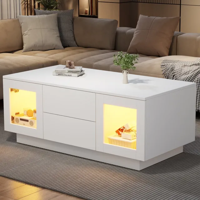 MIVRAY Salontafel Met Led En Opbergruimte Voor Woonkamer En Kantoor - Wit Hoogglans - 100x50x40 Cm
