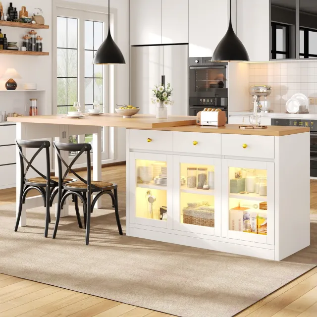 Wishdor Uitschuifbaar Keukeneiland Met Ledverlichting En 3 Laden - Glazen Deuren En Zachte Sluiting - Modern Ontwerp Voor Keuken En Eethoek - MDF En Metaal - Wit - 120-200 X 40 X 75,5 Cm