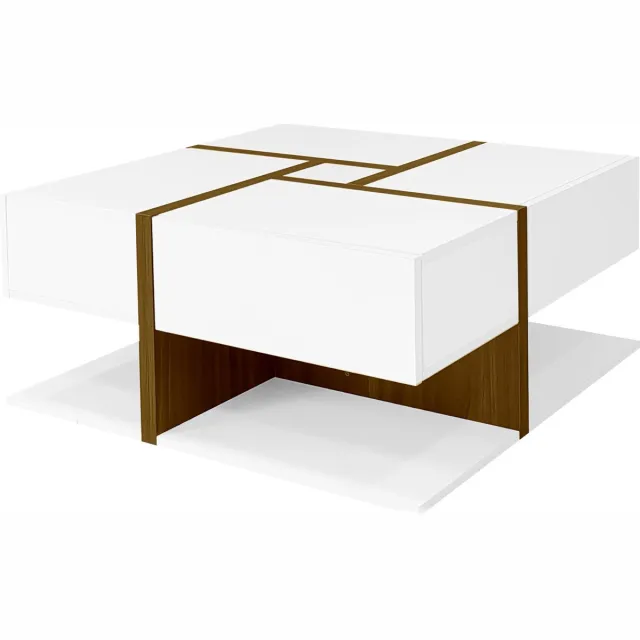 Merax Hoogglans Salontafel – Vierkant Tafel met 4 Laden en Uniek Kleur- en Lijnontwerp - Opslagruimte Onderin - 78 x 78 x 34.8 cm Wit