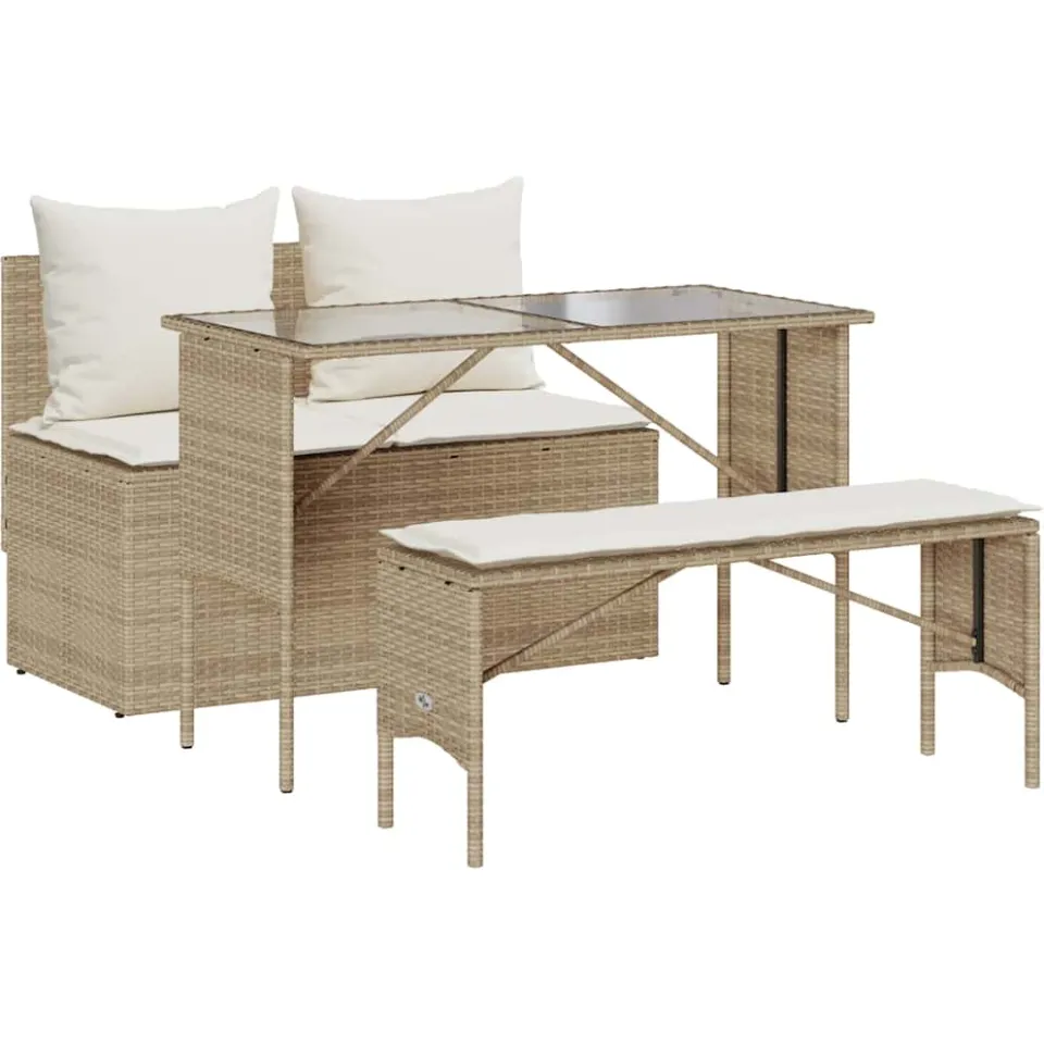 vidaXL 3-delige Tuinset met kussens poly rattan beige