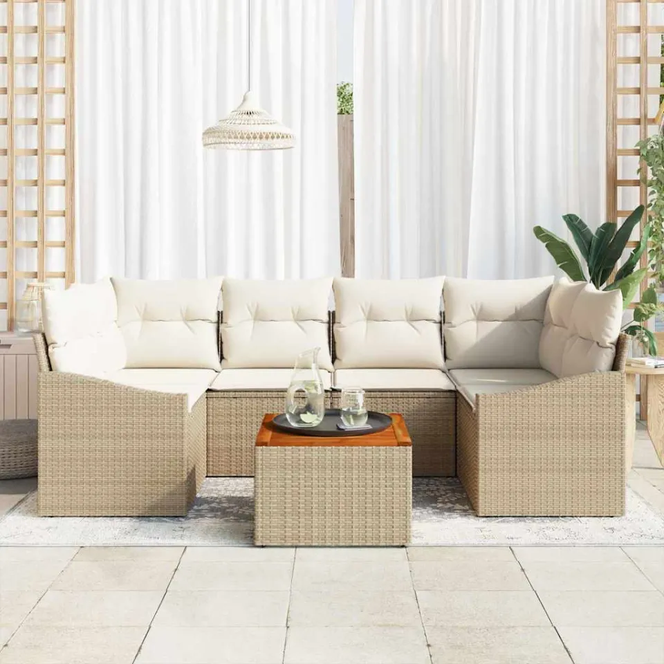 vidaXL Tuinbankenset 7 st Beige en Crème poly rattan, foto 3