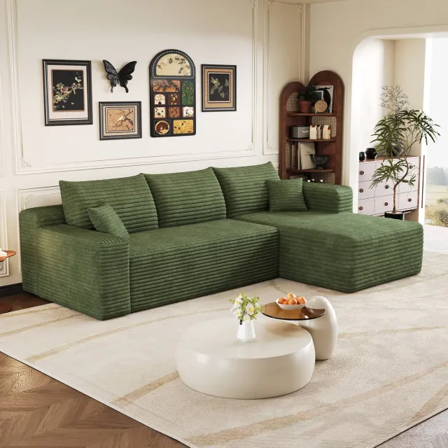 MEUNIQ 241 cm groene hoekbank in corduroy, L-vormige 3-zits met rechter chaise longue, zonder montage, voor de woonkamer Green