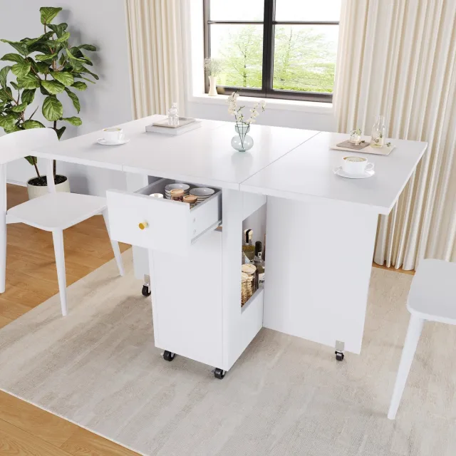 Sweiko Opklapbaar Eettafel - Verrijdbare keukenkast - Opbergruimte - 2 lades - 120 x 75 x 75 cm - Wit