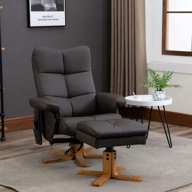 REDOM Massagestoel met hocker - 10 massagepunten - Handmatig verstelbare rugleuning tot 145° - 360° draaibaar - Kunstleer - Bruin - 80 x 86 x 99 cm