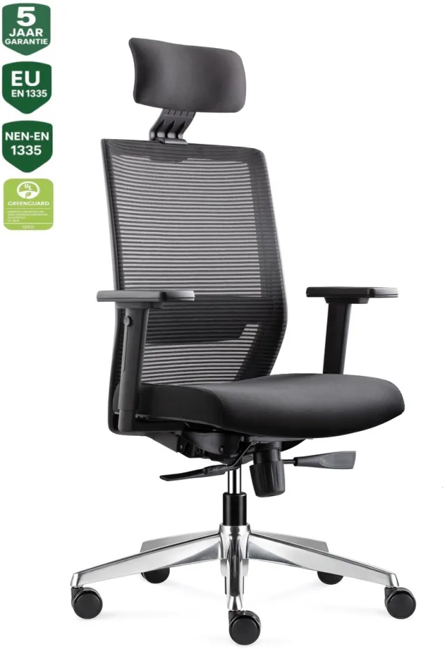 Bens 850H-Ergo-3 - Ergonomische Bureaustoel - Bureaustoelen voor volwassenen - Kantoorstoel - Incl. Hoofdsteun - Gepolijst aluminium voetenkruis - GREENGUARD GOLD - NEN-EN1335 & ARBO normen