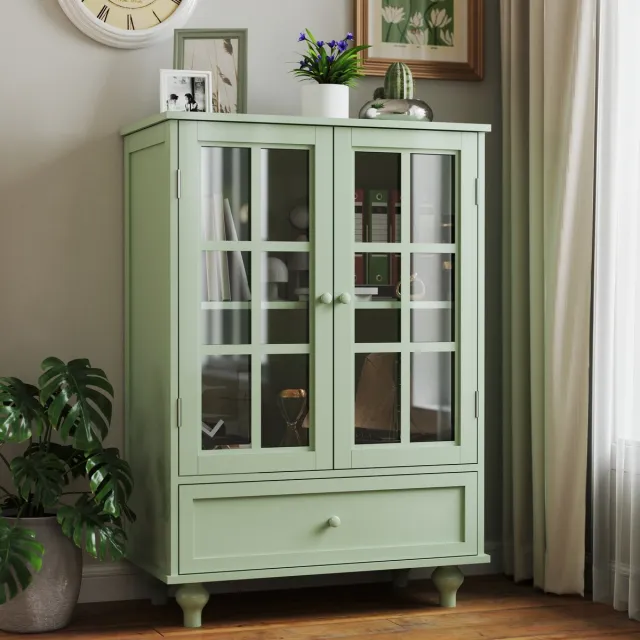 MEUNIQ buffetkast 71 x 38 x 96,5 cm met dubbele glazen deuren en lade, dressoir en opbergkast voor woonkamer, eetkamer of hal, mintgroen Mint Green