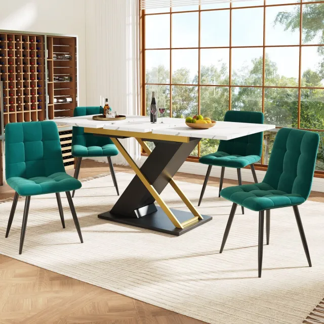 MIVRAY Eettafel - Uitschuifbaar Met Marmerlook En Kruispoten - Voor Keuken En Woonkamer - MDF En Metaal - Zwart Zwart + Wit
