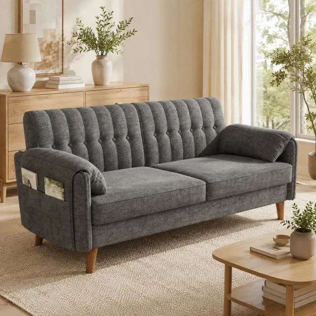 Welltin Bank - Tweezitsbank - 2-zits bank - Comfortabele zitbank - Ergonomisch - 161x79x83 cm - Met opbergtas - Met dik zitkussen - Met armleuningen - Chenillestof - Bankpoten van massief hout - Geschikt voor slaapkamers en kleine ruimtes - Lichtgrijs