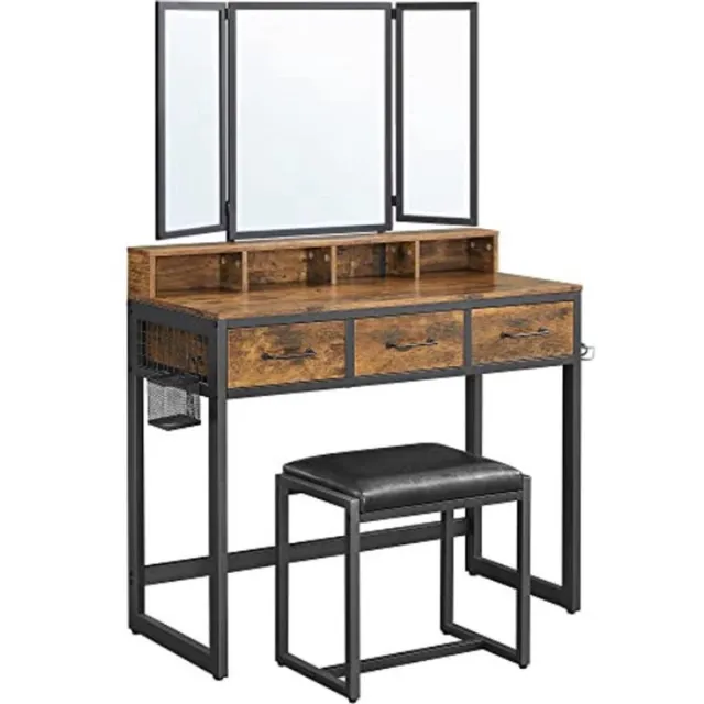 Vasagle Kaptafel Met Kruk & Opvouwbare Spiegel - Kaptafel - Bruin - Industrieel - Tafel - Spiegel - Spiegels - Opvouwbare Spiegel - Wandspiegel - Spiegel Staand - Kruk - Stoel - Stoeltje - Dressoir - Kast - Kastje - Opberg Kast