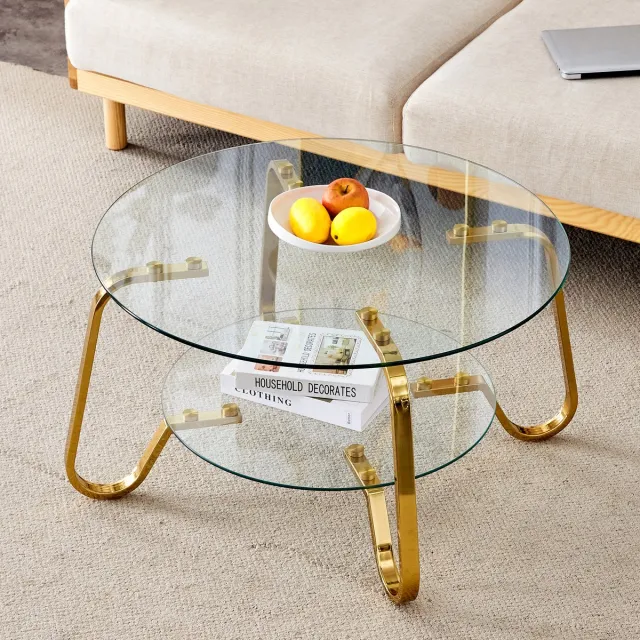 REDOM Salontafel - Metalen Frame En Twee Niveaus - Modern - Voor Woonkamer - Metaal En Glas - Goud