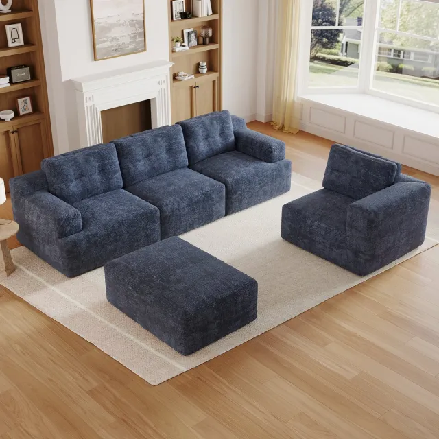 OKWISH Hoekbank 252 x 180 cm - Modulair En Frameloos Ontwerp - Voor Woonkamer Of Slaapkamer - Chenille - Blauw