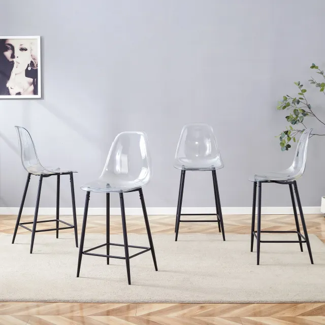 CHICFURN Barkruk - Transparante zitting - Met rugleuning - Metalen onderstel - Zwart