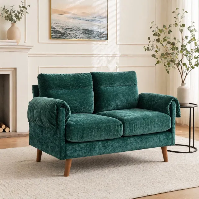 MEUNIQ 2-zits loveseat bank van chenille in groen, compact ontwerp met hoge houten poten, zachte kussens en mid-century uitstraling voor woonkamer of slaapkamer Green