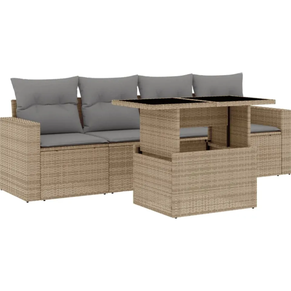 vidaXL 5-delige Loungeset met kussens poly rattan beige, foto 3