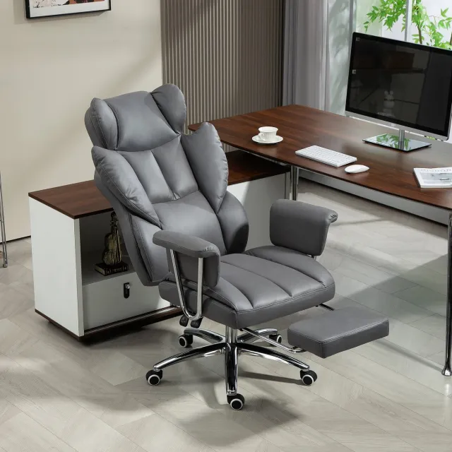 REDOM Bureaustoel - Ergonomisch ontwerp - Verstelbare ligfunctie en voetsteun - Draaibaar en met wielen - Voor kantoor en werkplek - Kunstleer - Donkergrijs - 74 x 65 x 120-128 cm