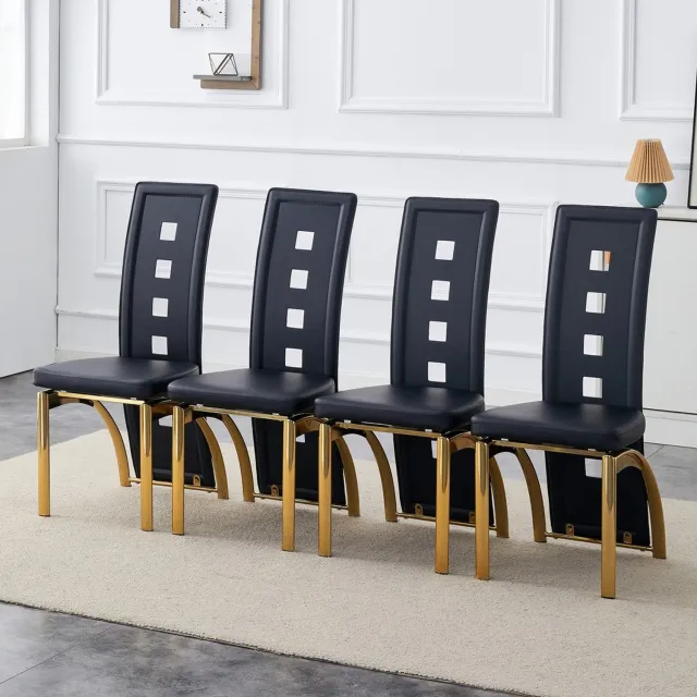 Pugsdrly Eetkamerstoelen - Set van 4 - Zwart - PU-leer - Perforatiepatroon - Goudkleurige metalen poten - Hoogte 102,5 cm - Modern design Zwart + goud