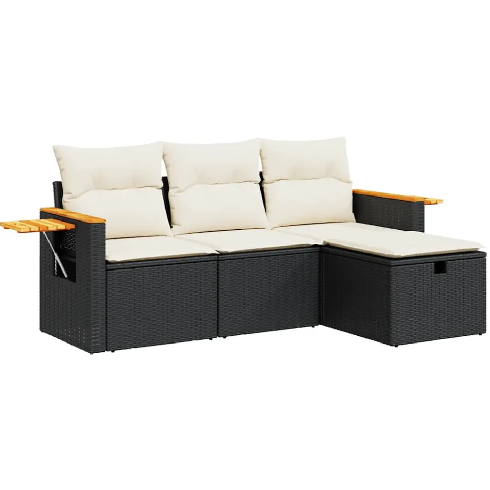 vidaXL 4-delige Loungeset met kussens poly rattan zwart, foto 3