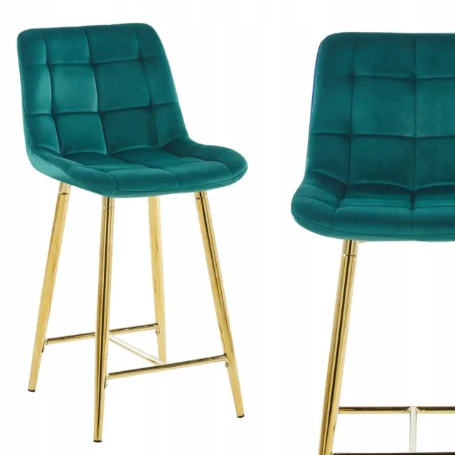 Argos Groene fluwelen barkruk met rugleuning en gouden poten - 90 cm