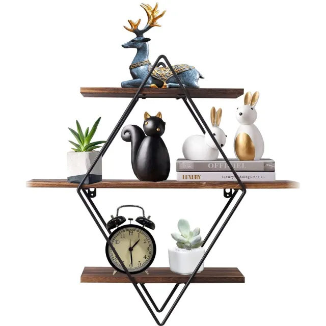 Venzor Industriële 3‑Laags Wandplank – 50×19×50 cm – Hout & Metaal – Zwevende Plank – Rustieke Wanddecoratie Bruim