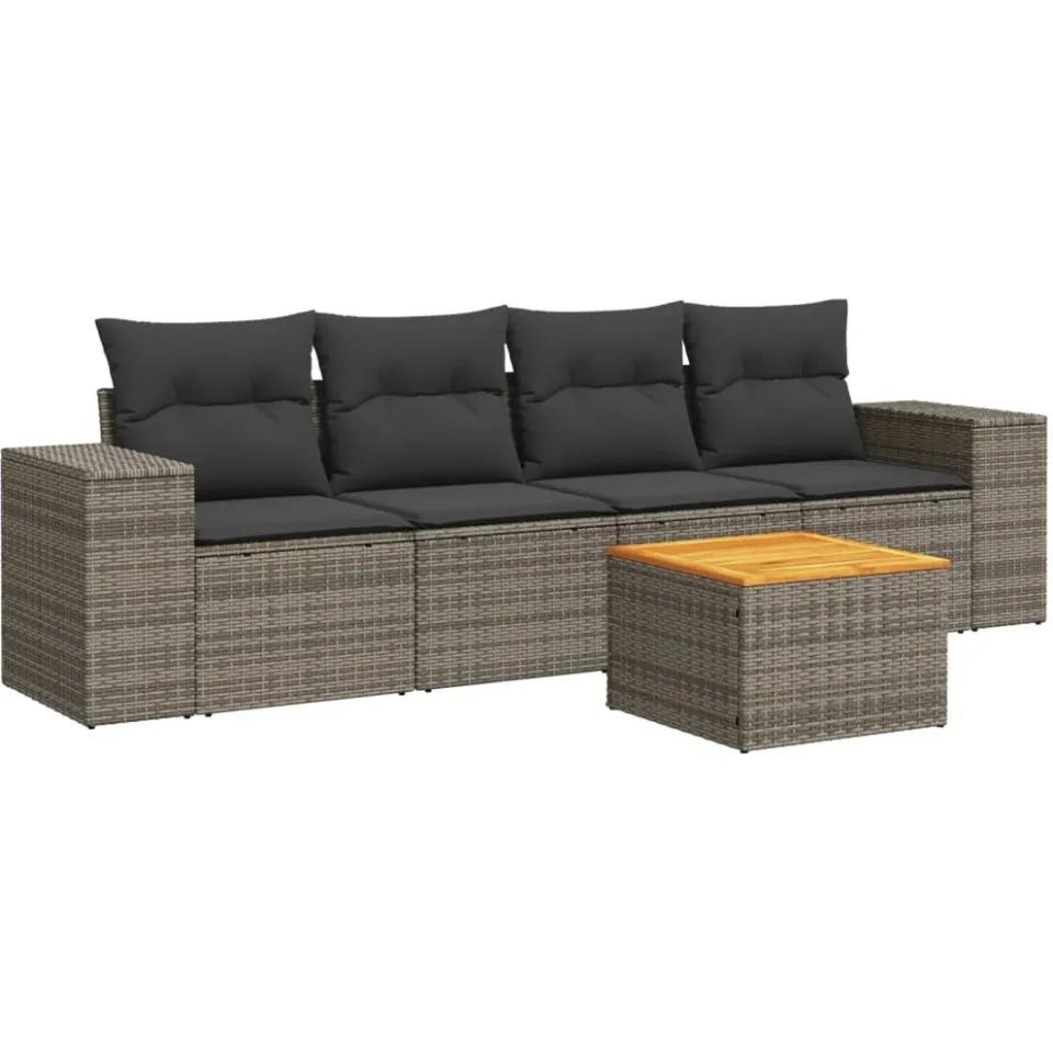 vidaXL 5-delige Loungeset met kussens poly rattan grijs, foto 3