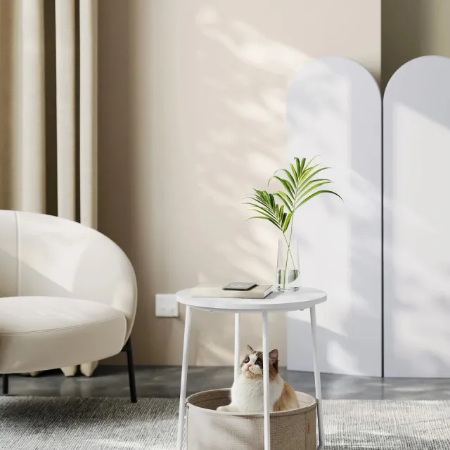 Archi salontafel rond - Bijzettafel – Kleine Salontafel - Stoffen Mand – 45x50 cm – Mat Wit & Camelbruin – Moderne Opslagtafel Wit/beige