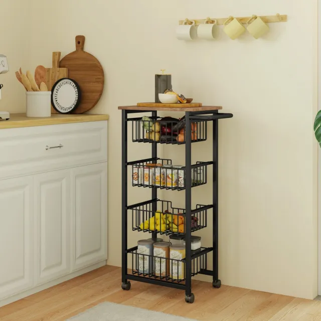 WUVRIE Keukentrolley 49,5x31x91 cm - 4 uitschuifbare stalen manden en werkblad - Eiken