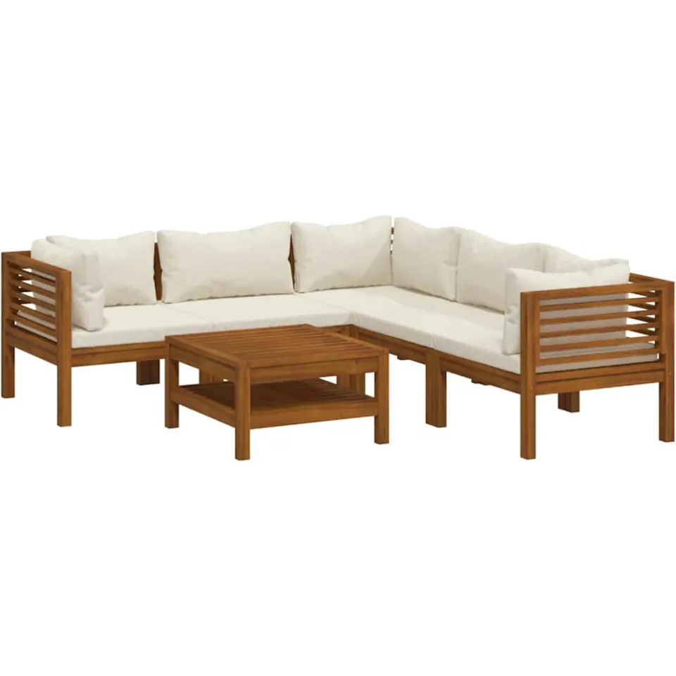 vidaXL 6-delige Loungeset met crèmekleurige kussens massief acaciahout