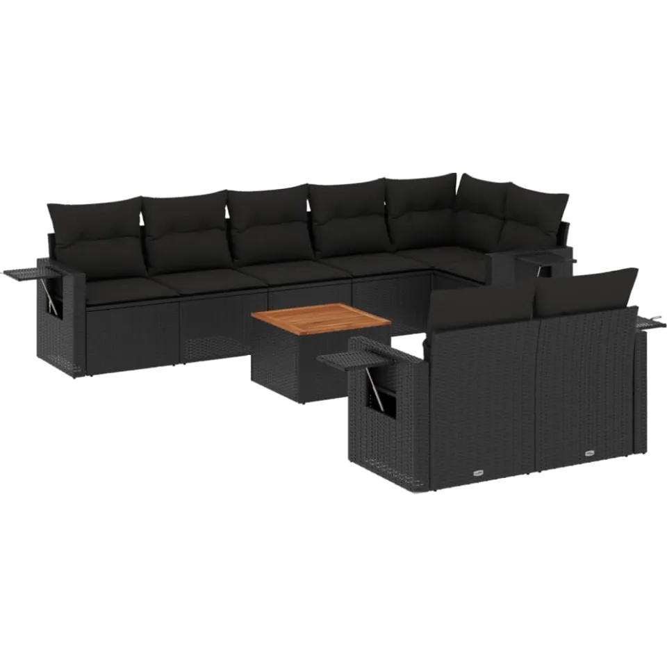 vidaXL 9-delige Loungeset met kussens poly rattan zwart, foto 3