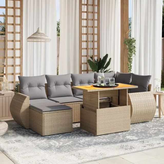 vidaXL 7-delige Loungeset met kussens poly rattan beige, foto 2
