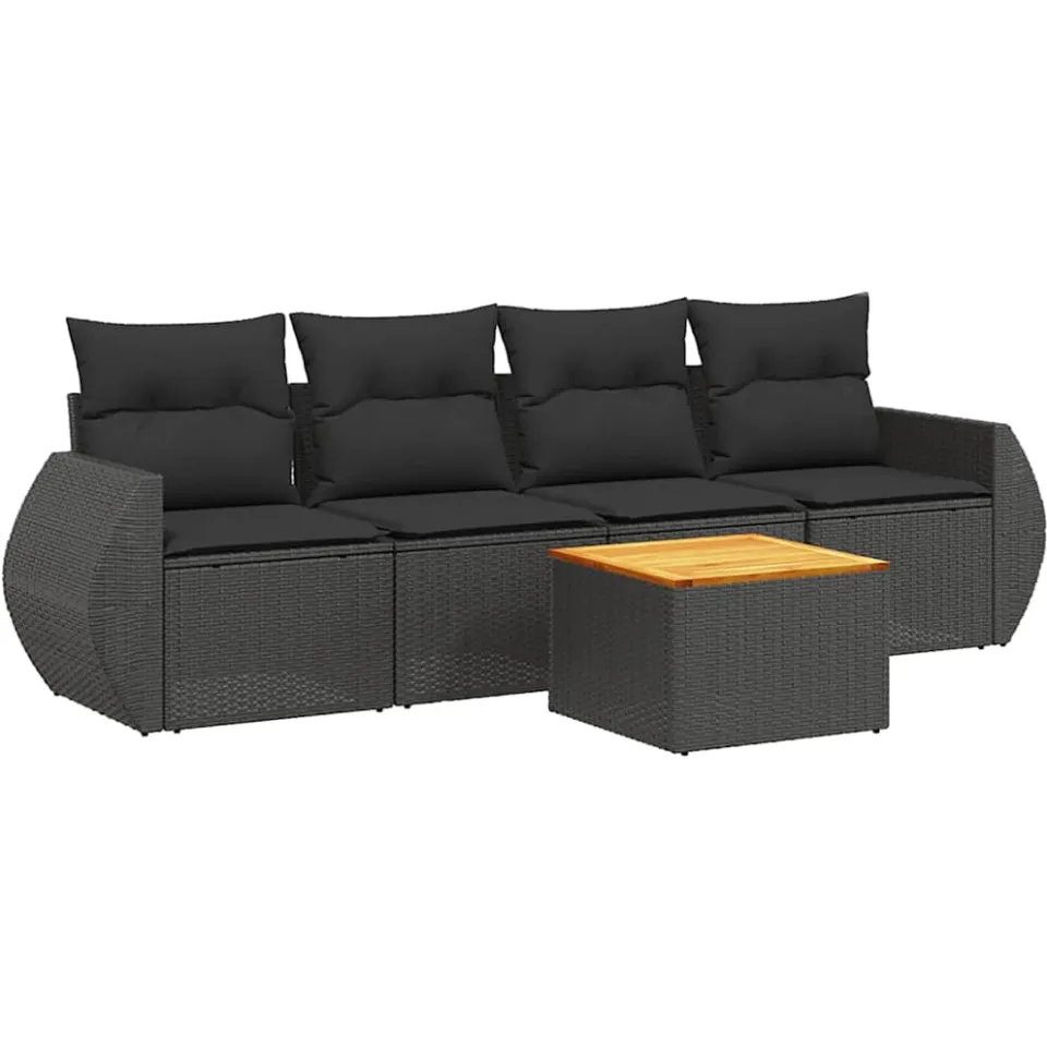 vidaXL 5-delige Loungeset met kussens poly rattan zwart, foto 3