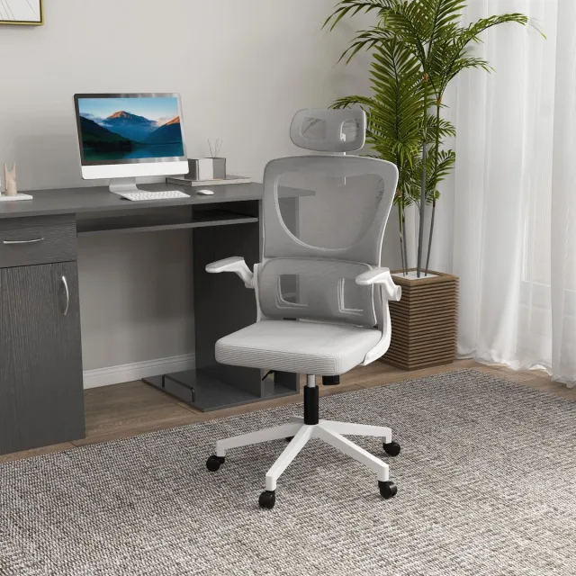 DESMIU Bureaustoel 60 x 59 x 114-122 cm - Ergonomisch Verstelbaar Met Hoofdsteun, Lendensteun En Kantelfunctie - Voor Kantoor - Mesh Grijs